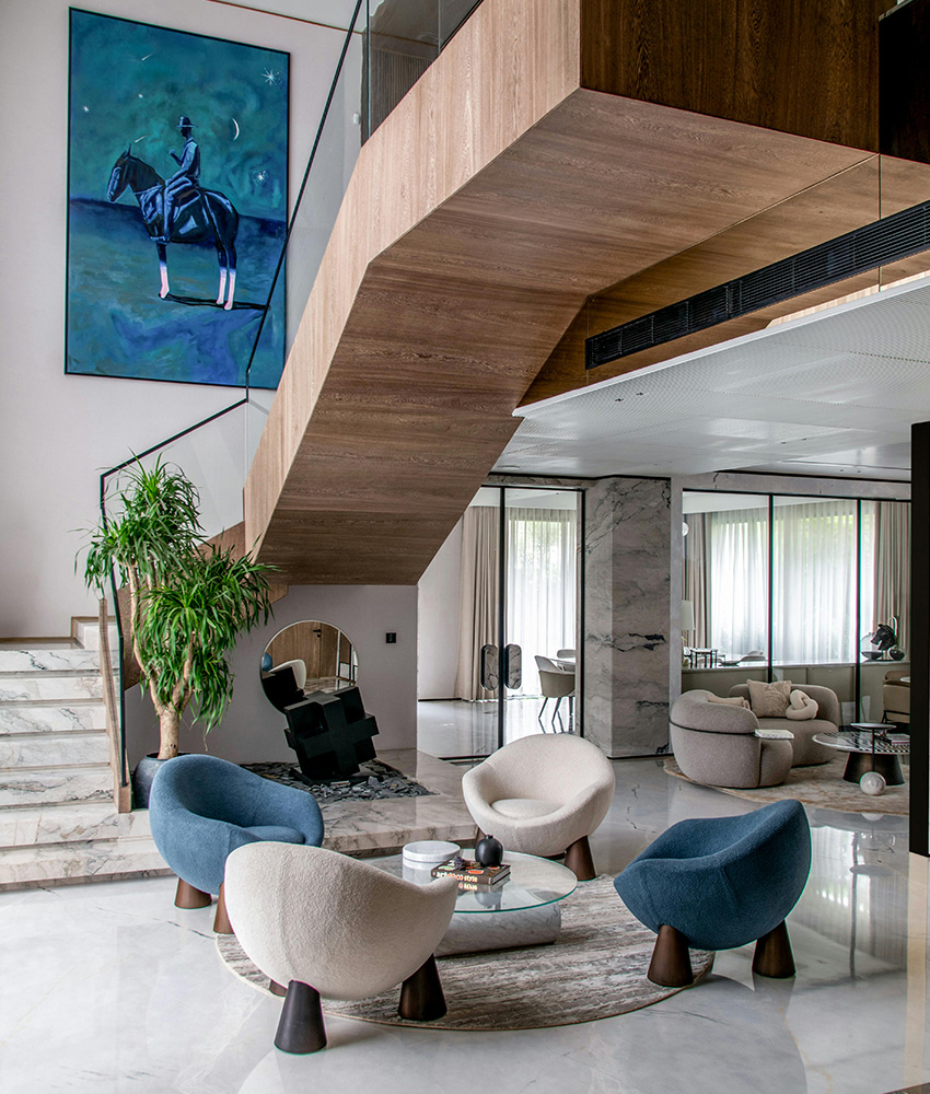 Modern tropical villa living room with premium architectural finishes
